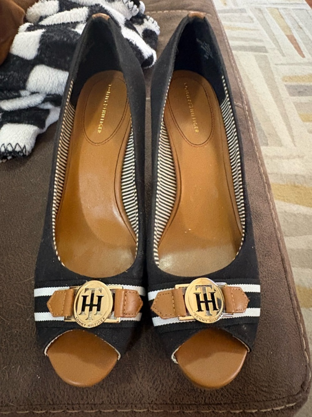 Tommy Hilfiger Black Peep-Toe Flats with Brown Accent